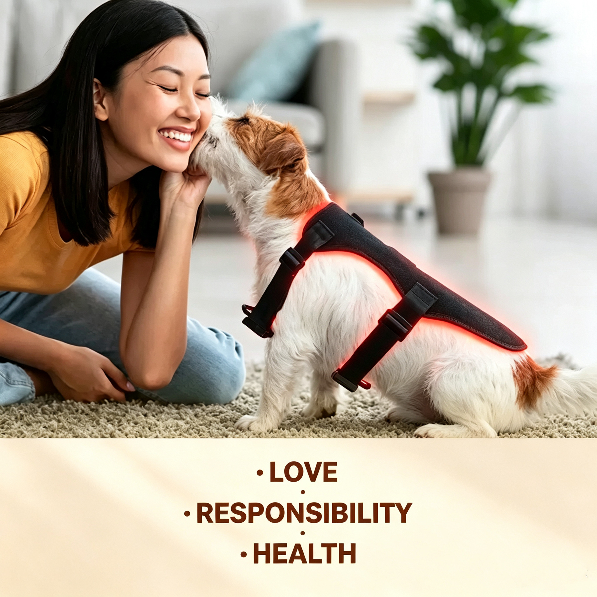 Warm picture of owner and pet with red light therapy gear, brand core value: Love, Responsibility, Health for animal physical recovery