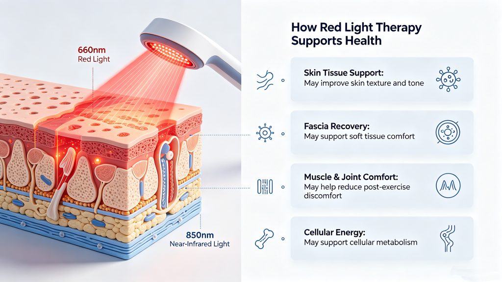 660nm red light and 850nm near‑infrared light may help support skin, fascia, muscle, joint and cellular wellness.